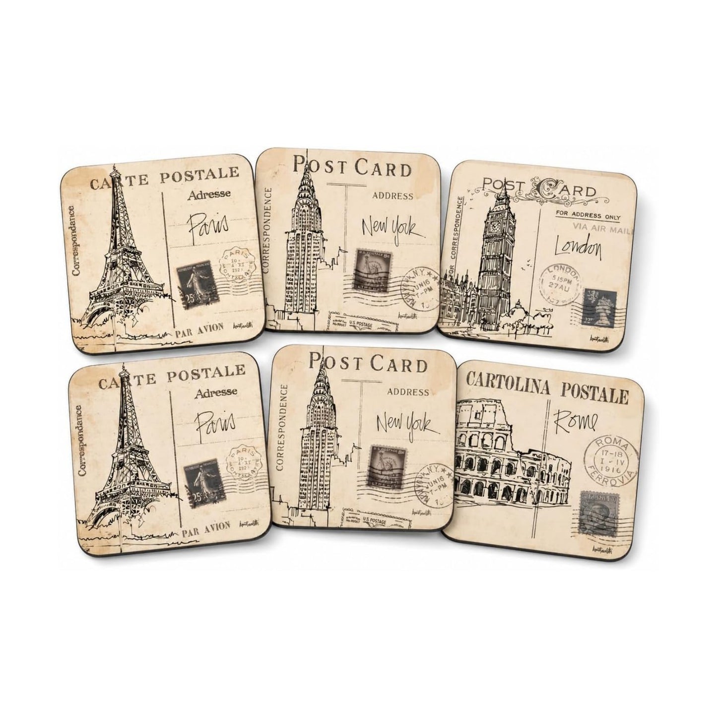 Vintage Travel Art / Postcard / 4 x 4 / Set of 4