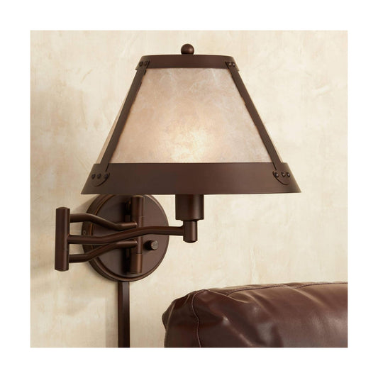Samuel 14" High Mica Shade Plug-In Swing Arm Rustic Wall Lamp Light Fixture | Mission Industrial Bronze Natural Blonde