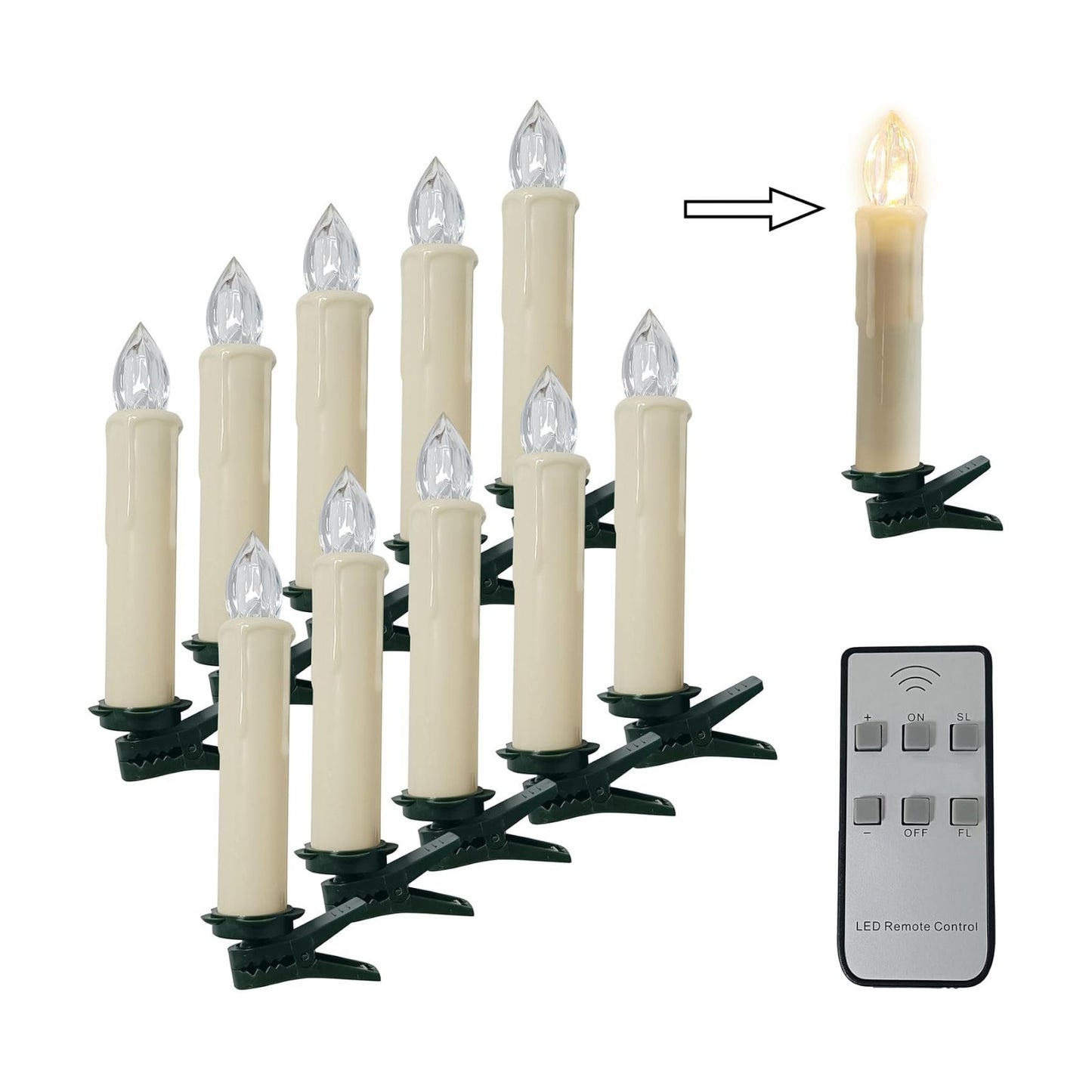 LED Taper Candles with Remote 4in, 10 Clip-On Christmas Tree Lights | Magical Floating Flameless Candle Short Battery