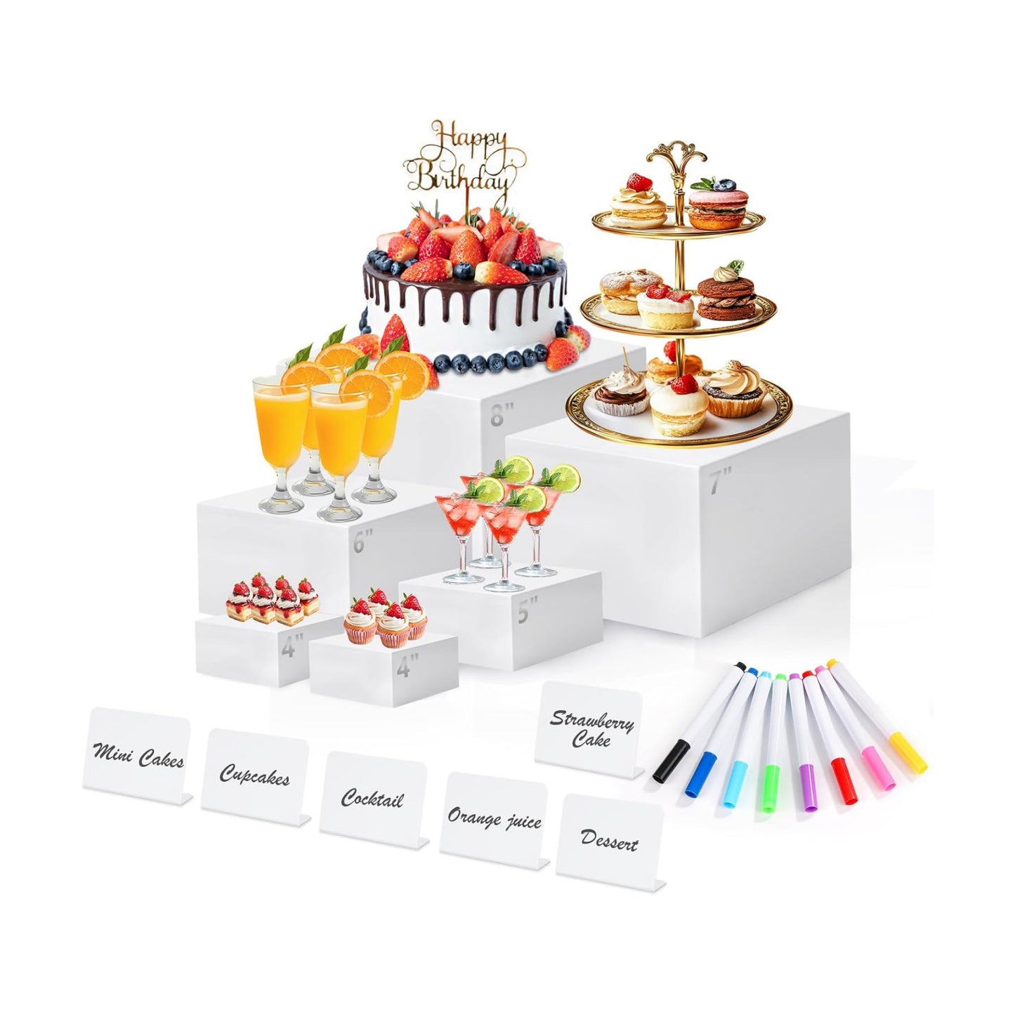 White Acrylic Buffet Risers and Stand Food Risers with Mini Sign and Maker | Food Display Stands for Buffet Table Party