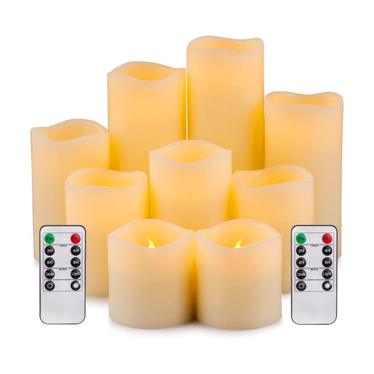 RY King Large Flameless Candle Set of 9 (D 3" x H 3", 3", 4", 4", 5", 5", 6", 7", 8") Battery Operated LED Pillar Real