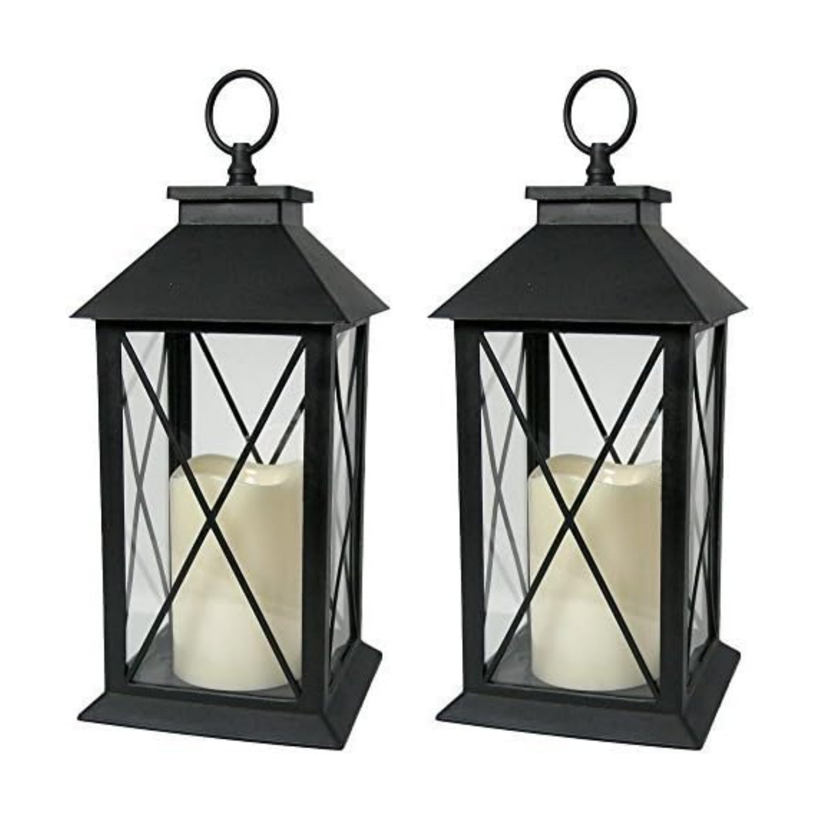Black Decorative Lantern Set of 2 with LED Candle – Lighted Lanterns with Cross Bar Design, 4 Hour Timer, Indoor