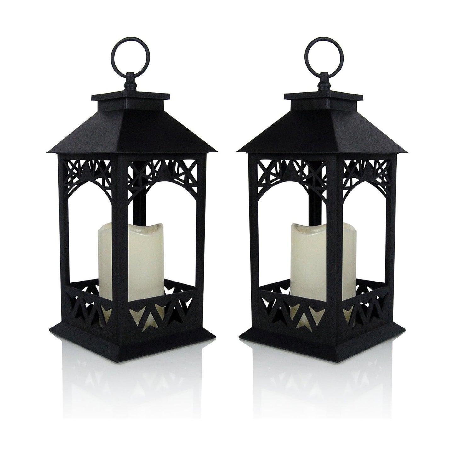 Black LED Lantern Set of 2 with Lattice Design & Pillar Candles – Lighted Decorative Lanterns with 4 Hour Timer –