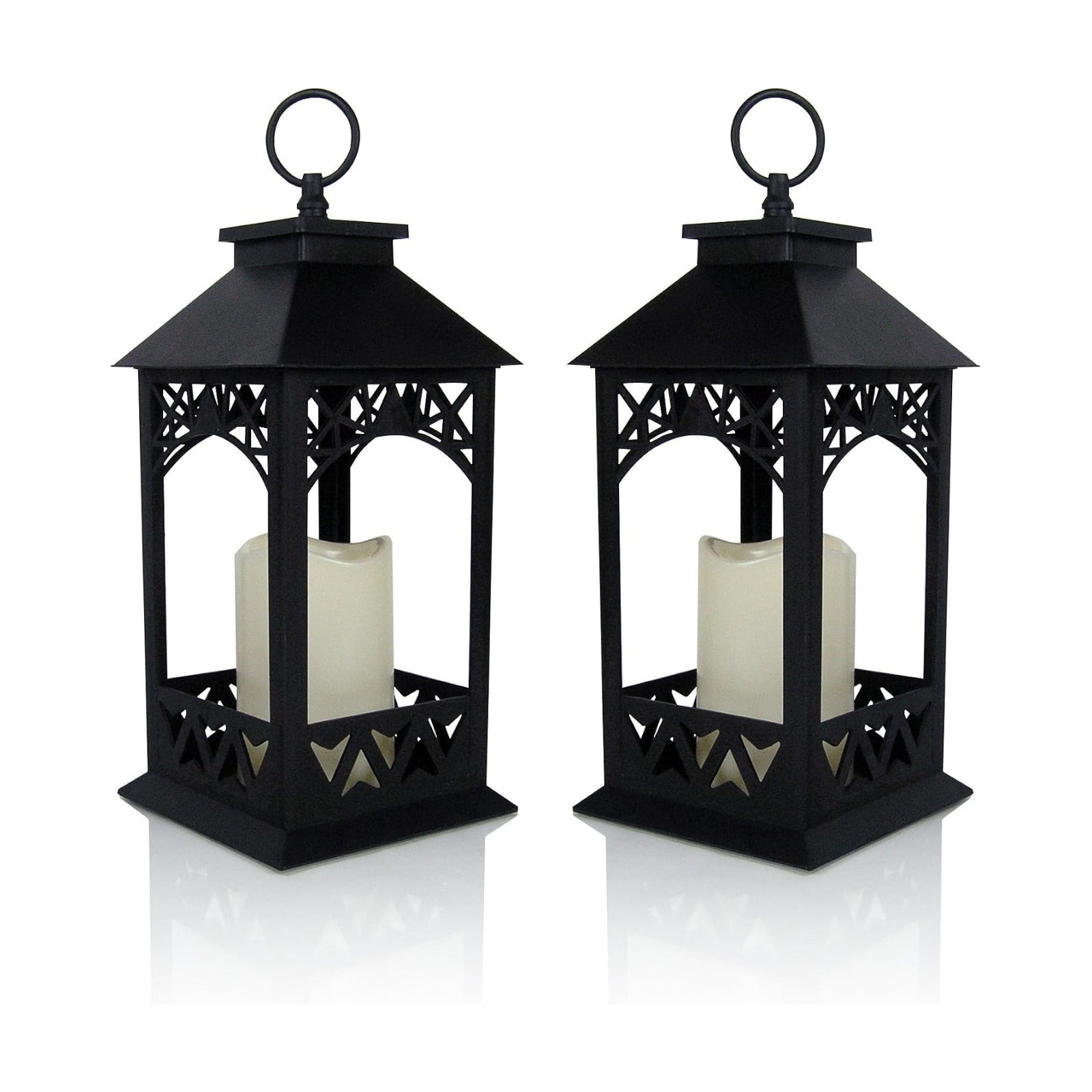 Black LED Lantern Set of 2 with Lattice Design & Pillar Candles – Lighted Decorative Lanterns with 4 Hour Timer –