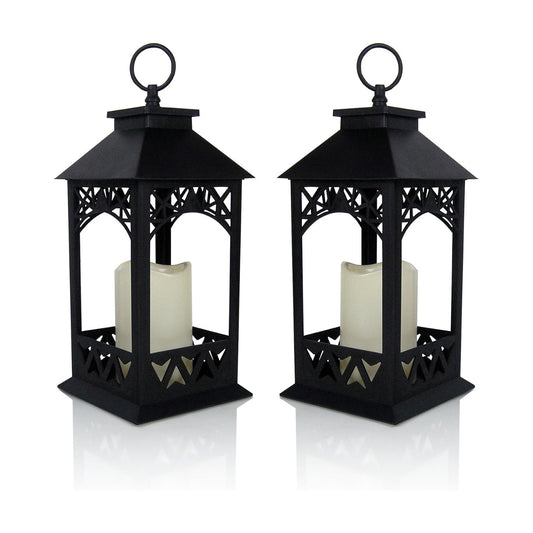 Black LED Lantern Set of 2 with Lattice Design & Pillar Candles – Lighted Decorative Lanterns with 4 Hour Timer –