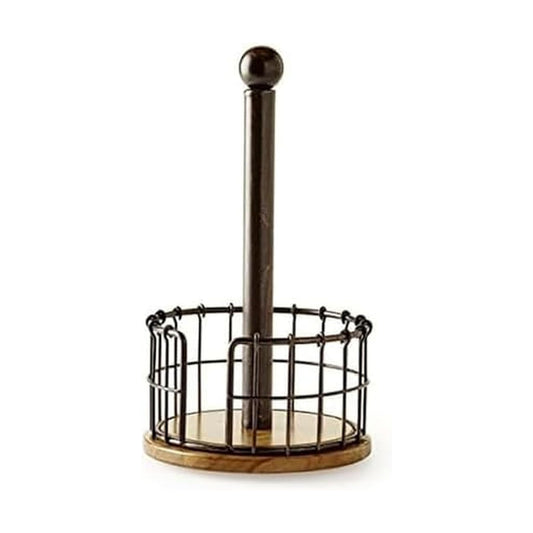 Pfaltzgraff Anvil Wire And Acacia Wood Paper Towel Holder, 13.25-Inch, Antique Black