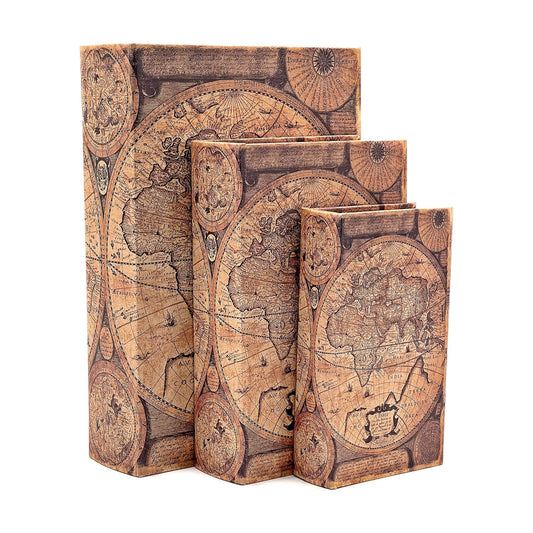 Decorative Book Box Antiques Vintage Retro Invisible Secret Storage Faux / A Antique Map / Set of 3