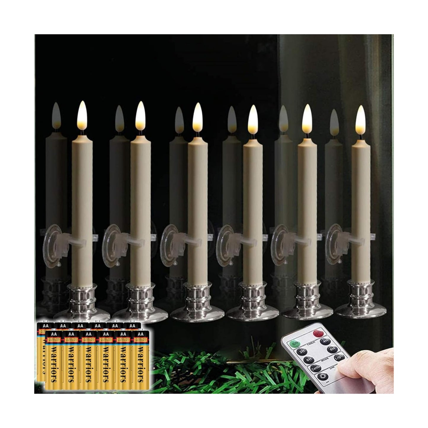 6PACK Flameless Battery Powered 8'' Ivory Taper Windows Candles, Include 12 AA Batteries, with Remote and Timer, with