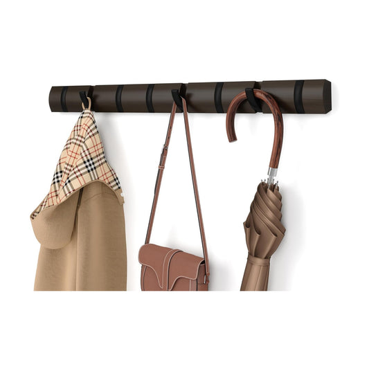 Umbra Flip Coat Rack, Wall Mount 8-Hook, Space Saving, Walnut/Black | Real wood and steel build, retractable hooks fold
