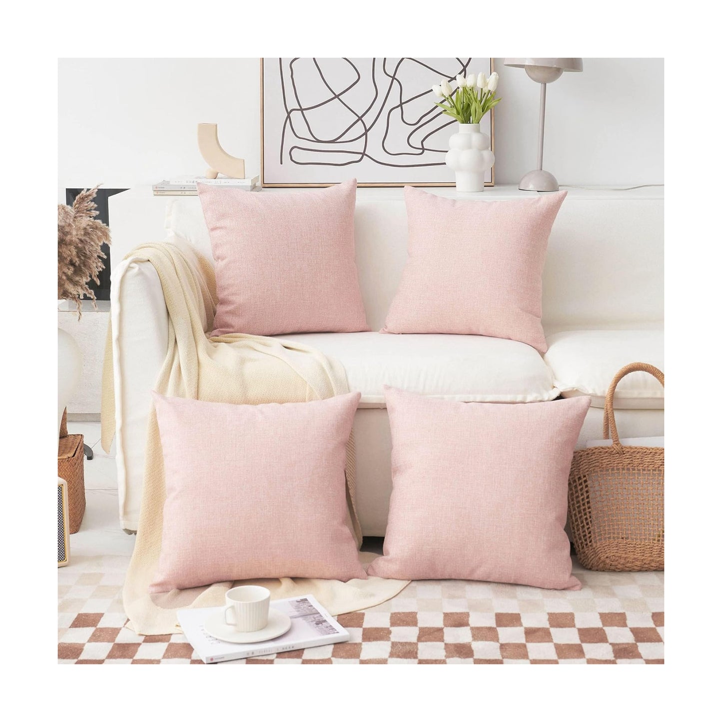 Pillow Covers Decorative Linen Cushion Covers Square Throw Pillows / 18 x 18 / Baby Pink / Set of 4