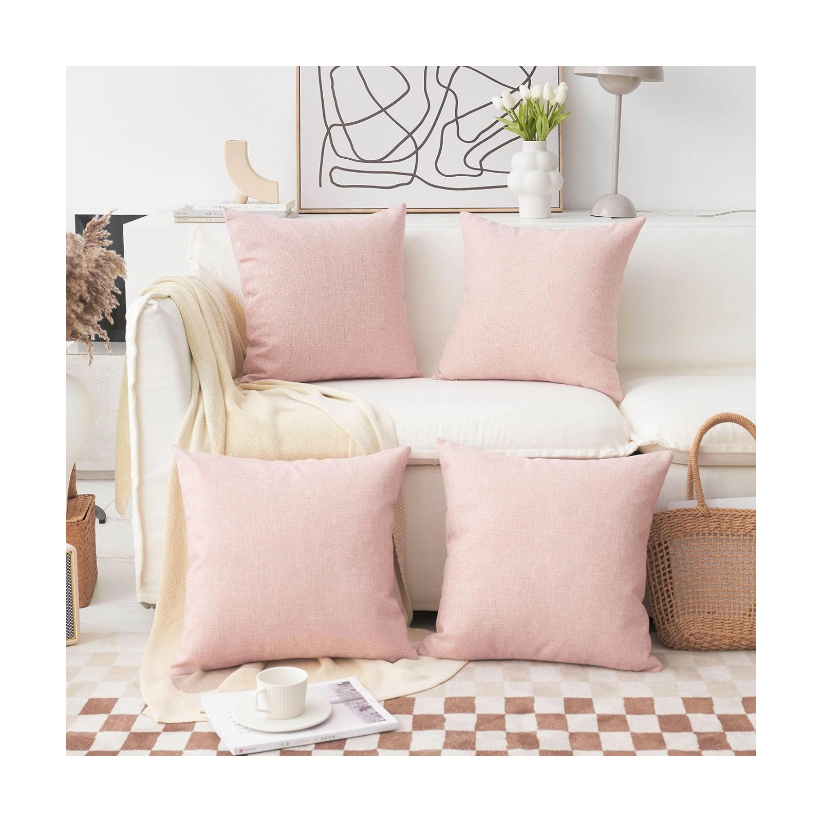 Pillow Covers Decorative Linen Cushion Covers Square Throw Pillows / 18 x 18 / Baby Pink / Set of 4