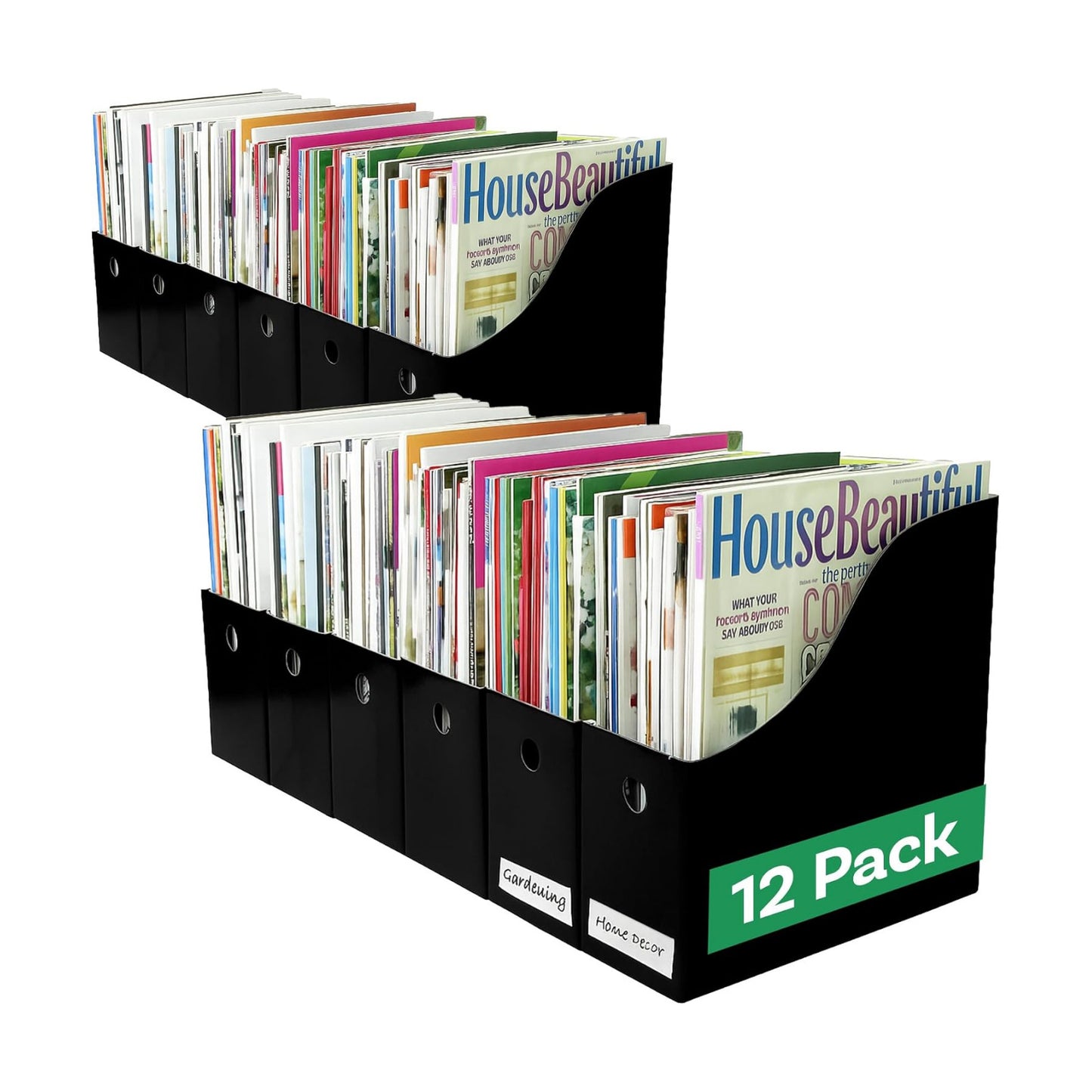 Evelots Magazine File Holder - Set of 12 Black - Office Desk Organizer - Sturdy Cardboard - New Upgraded Double Front