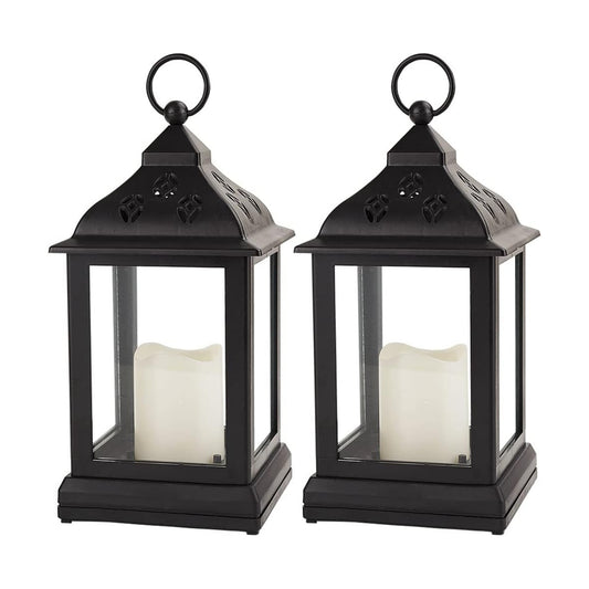 2-Pack 9.5" Vintage Decorative Candle Lantern with LED Flickering Flameless Candle (Black, 8hr Timer) - Indoor Hanging