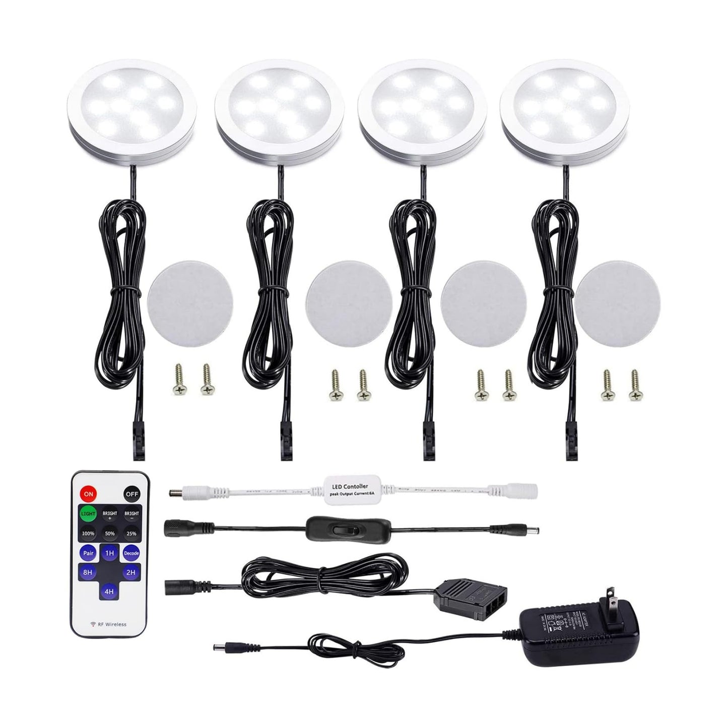 AIBOO LED Under Cabinet Lighting Kit 4 Packs of 12V Puck Lights with RF Dimmable Wireless RF Remote Control for Kitchen