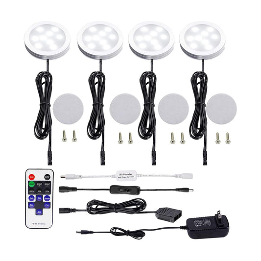 AIBOO LED Under Cabinet Lighting Kit 4 Packs of 12V Puck Lights with RF Dimmable Wireless RF Remote Control for Kitchen