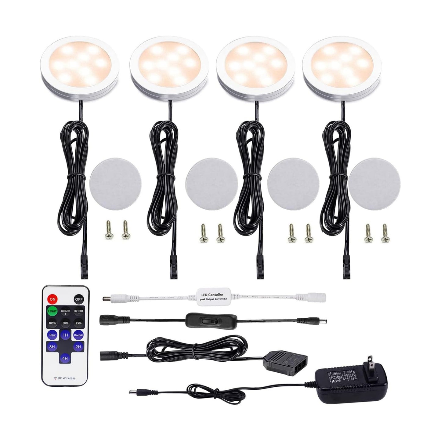 AIBOO LED Under Cabinet Lighting Kit 4 Packs 12V Low Profile Puck Lights with Dimmable Wireless RF Remote for Kitchen