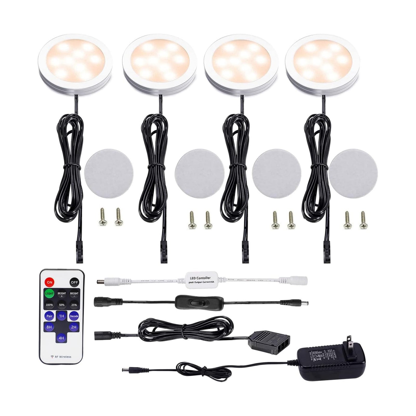 AIBOO LED Under Cabinet Lighting Kit 4 Packs 12V Low Profile Puck Lights with Dimmable Wireless RF Remote for Kitchen