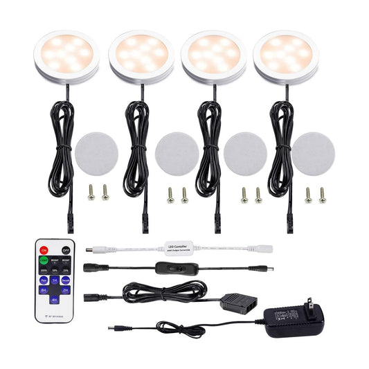 AIBOO LED Under Cabinet Lighting Kit 4 Packs 12V Low Profile Puck Lights with Dimmable Wireless RF Remote for Kitchen