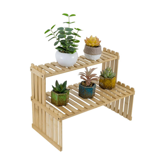 MyGift Bamboo Desktop Plant Stand, 2 Tier Slatted Shelf Organizer Rack | Natural bamboo stand adds two tiers for
