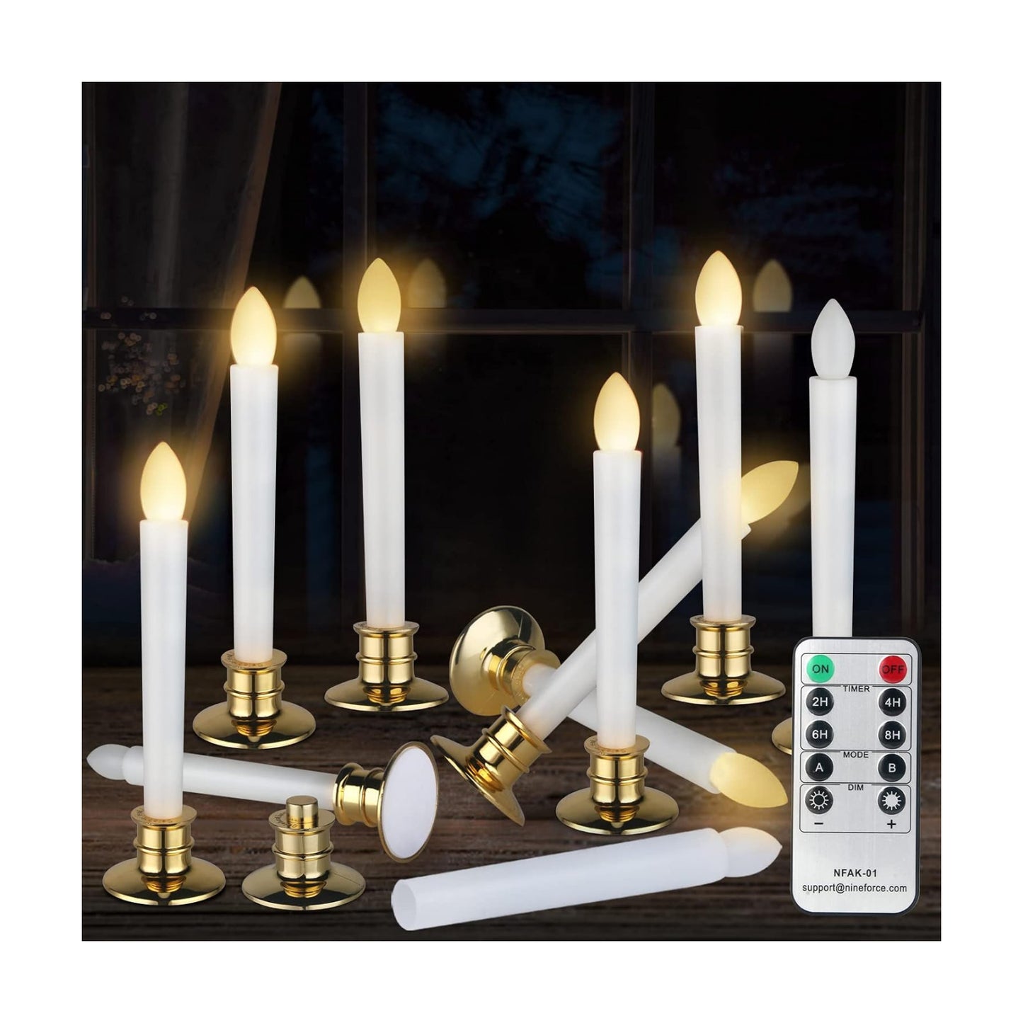 10 Pack Flameless LED Taper Candles with Remote & Timer – Battery Operated Flickering Window Candlesticks with Gold