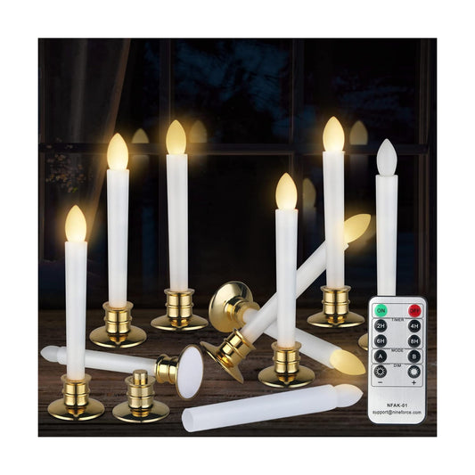 10 Pack Flameless LED Taper Candles with Remote & Timer – Battery Operated Flickering Window Candlesticks with Gold