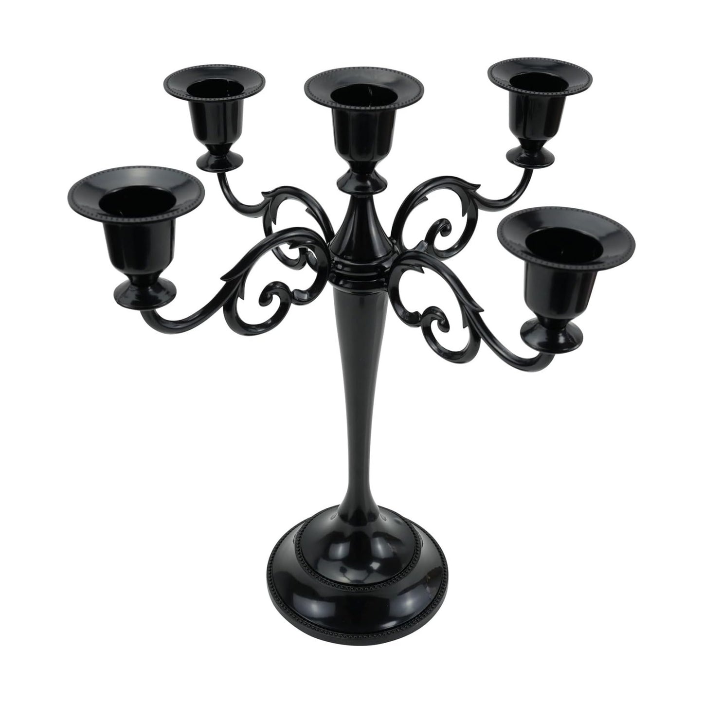 5-Arm Metal Candelabra Candle Holder Table Centerpiece, Black | Classic 5-Arm Metal Candelabra, Glossy Black Finish.