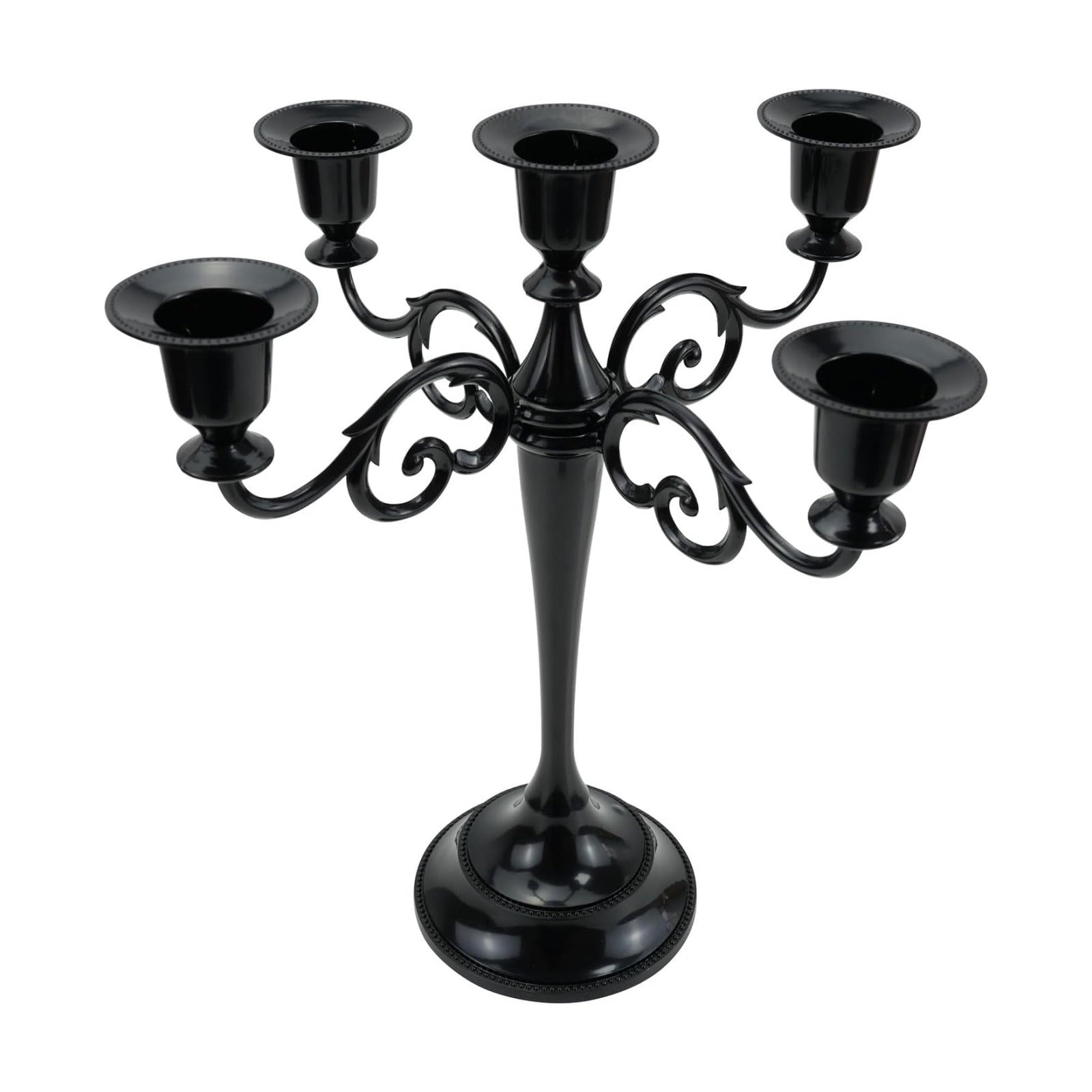 5-Arm Metal Candelabra Candle Holder Table Centerpiece, Black | Classic 5-Arm Metal Candelabra, Glossy Black Finish.