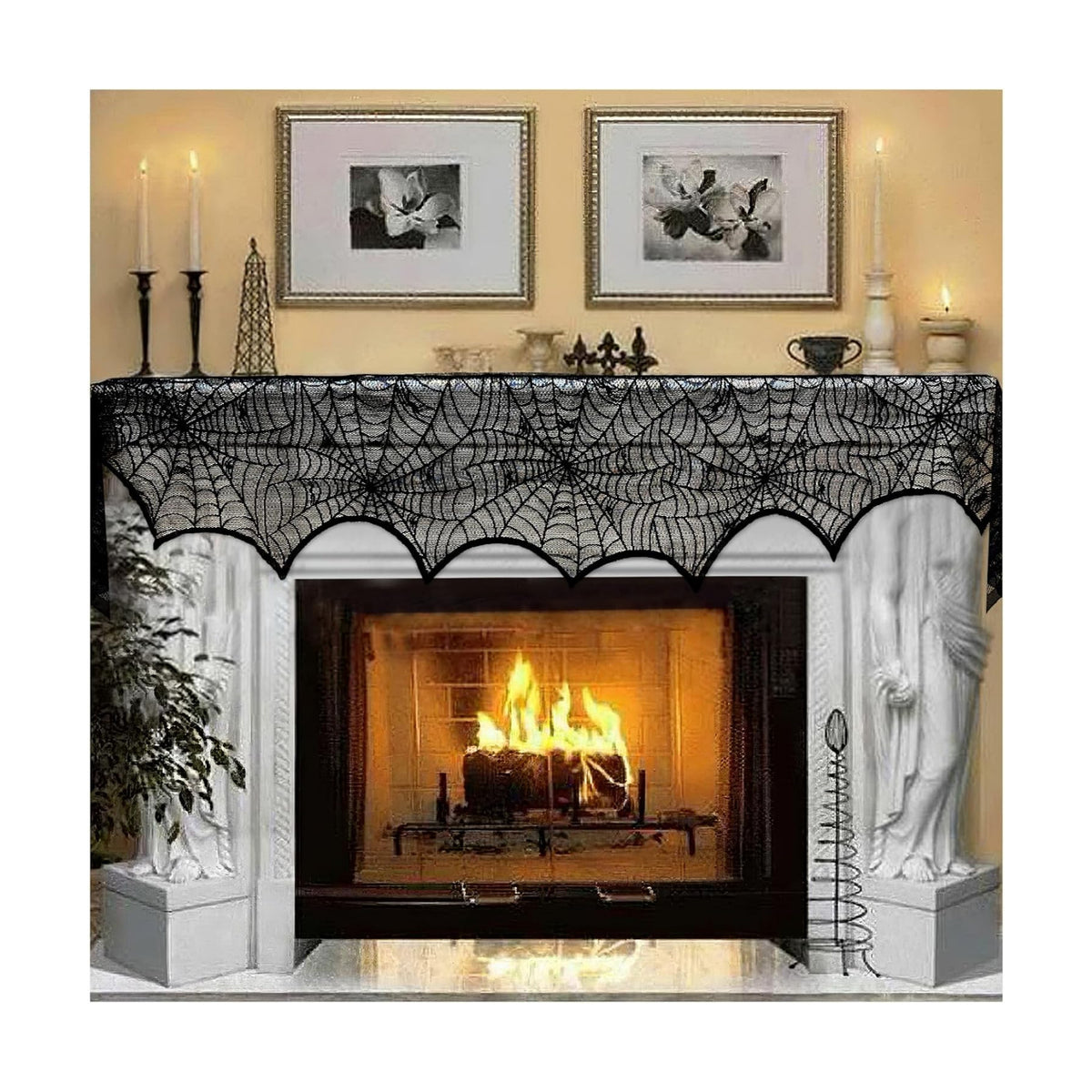 OurWarm Halloween Mantle Scarf, Lace Black Spider Web Fireplace Cover Decor