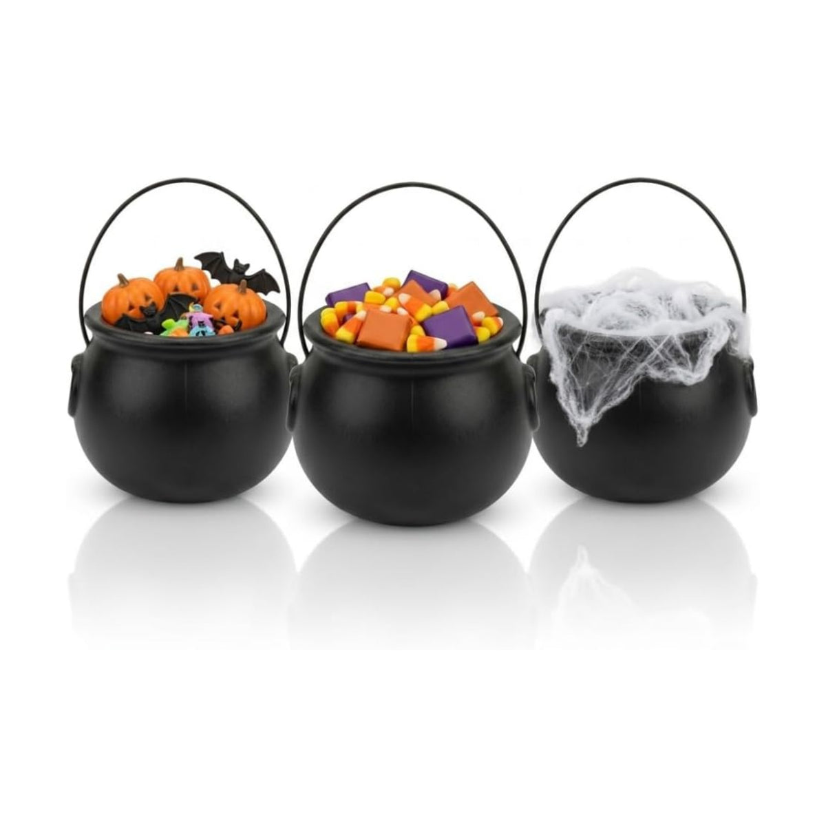 PMU 3 Pcs Halloween Small Cauldron 6 Inch Witch and Wizard Trick or Treat Blow Mold Plastic Candy Basket Black Cauldron for Home Decoration and Halloween Party Favors