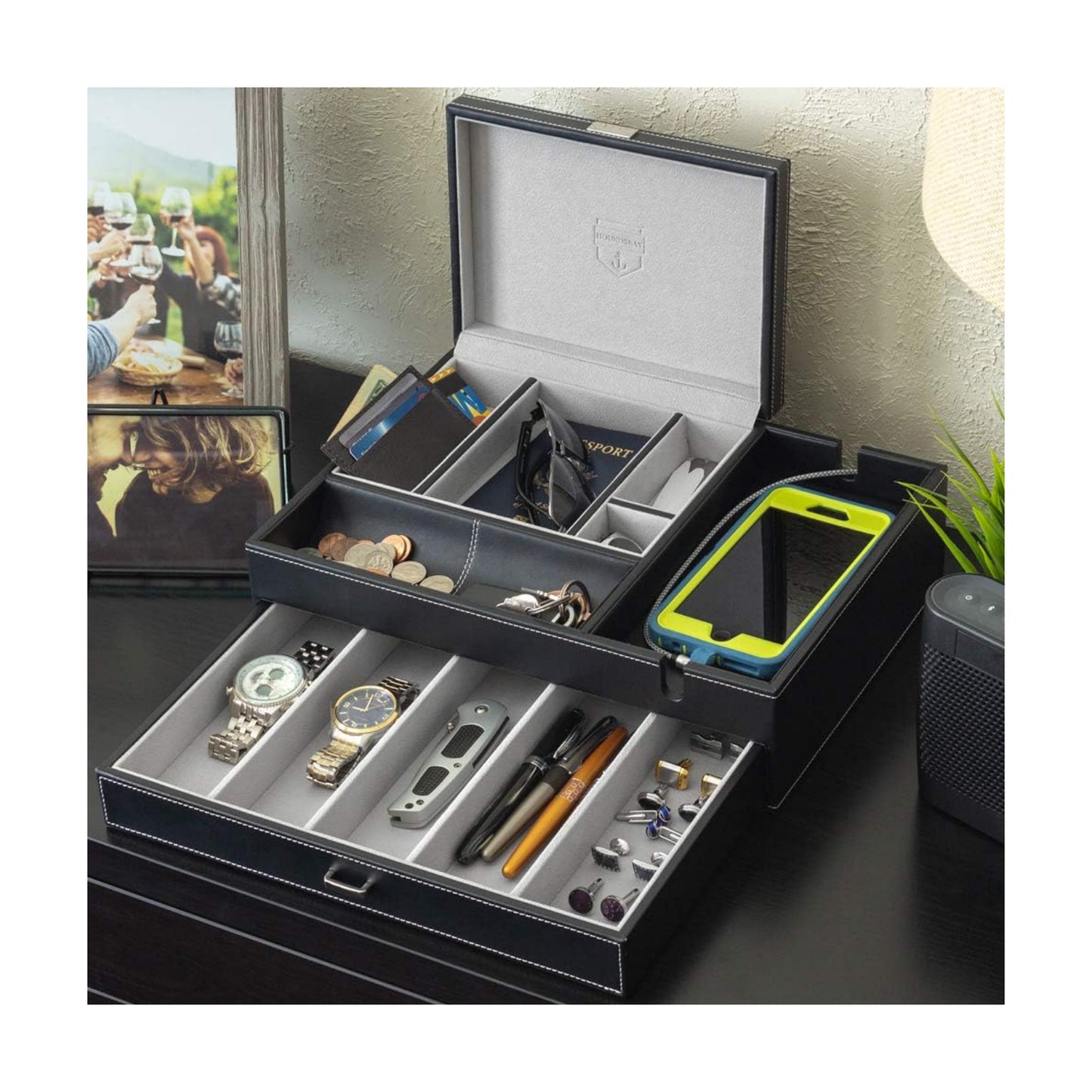 HOUNDSBAY Admiral Dresser Valet Box & Mens Jewelry Box Organizer with Large Smartphone Charging Station (Grey)