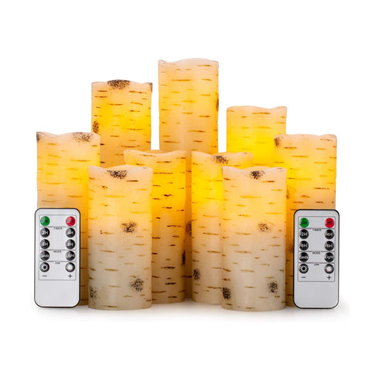 Flameless Flickering LED Candles with Birch Bark Effect - Set of 9 Battery-Operated Real Wax Pillar with 10-Key Remote