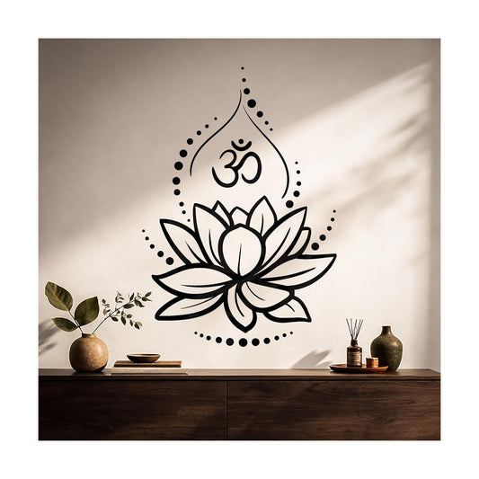 Large Vinyl Wall Decal Lotus Flower Yoga Hinduism Hindu Om Symbol / 17 x 25 / M In / Matte Black