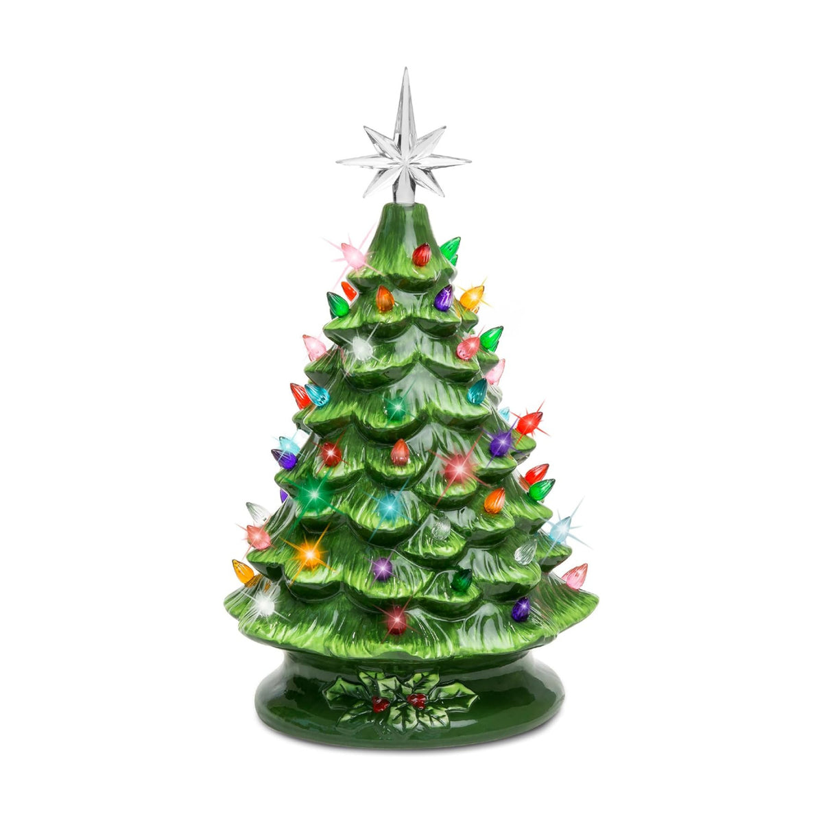 Best Choice Products 15in Ceramic Christmas Tree, Pre-lit Hand-Painted Tabletop Holiday Tree, Star Topper, 64 Lights - Green w/Multicolored Bulbs