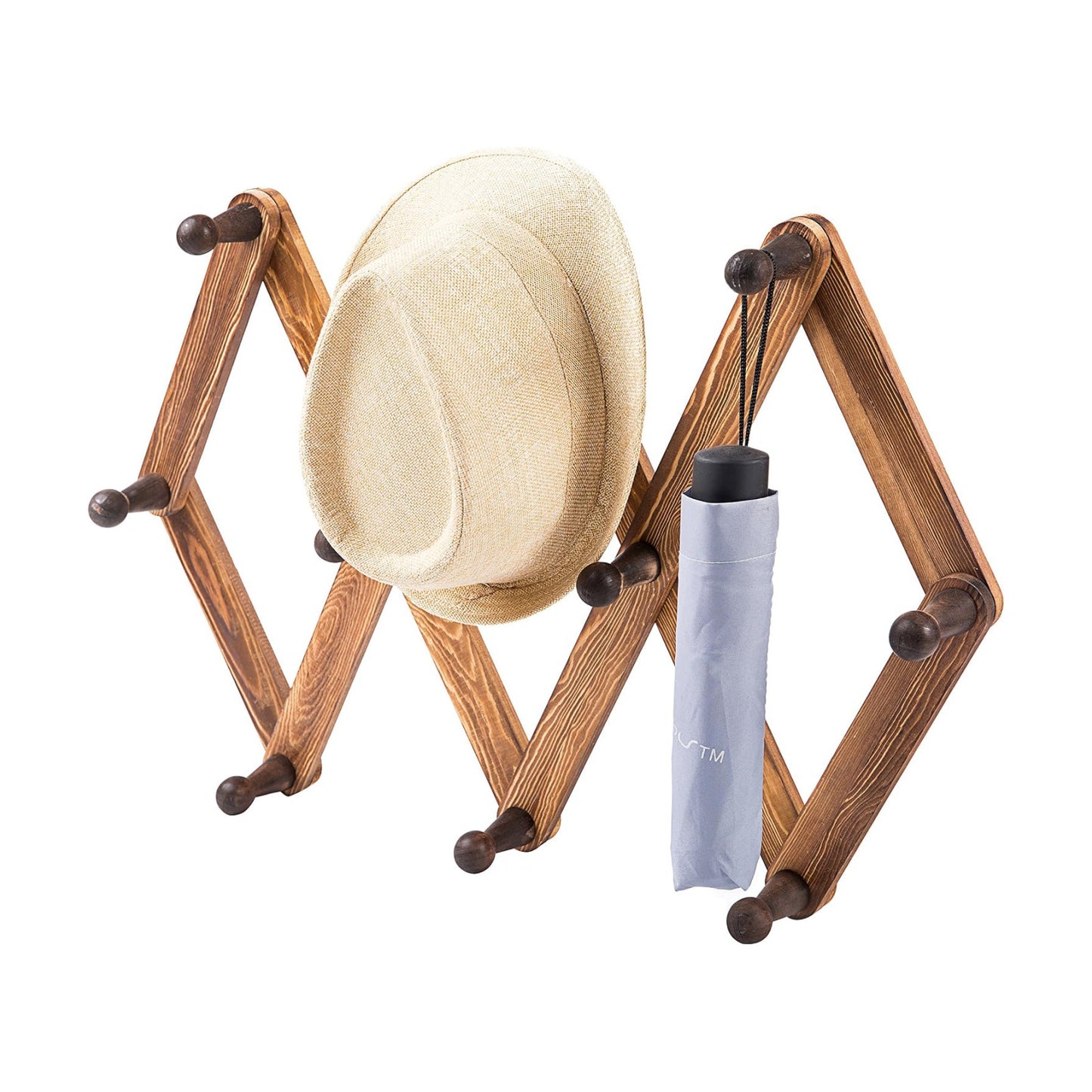 MyGift Expandable Hat Rack with 10 Hooks, Burnt Wood Wall Coat Rack | Expandable accordion design offers 10 pegs for
