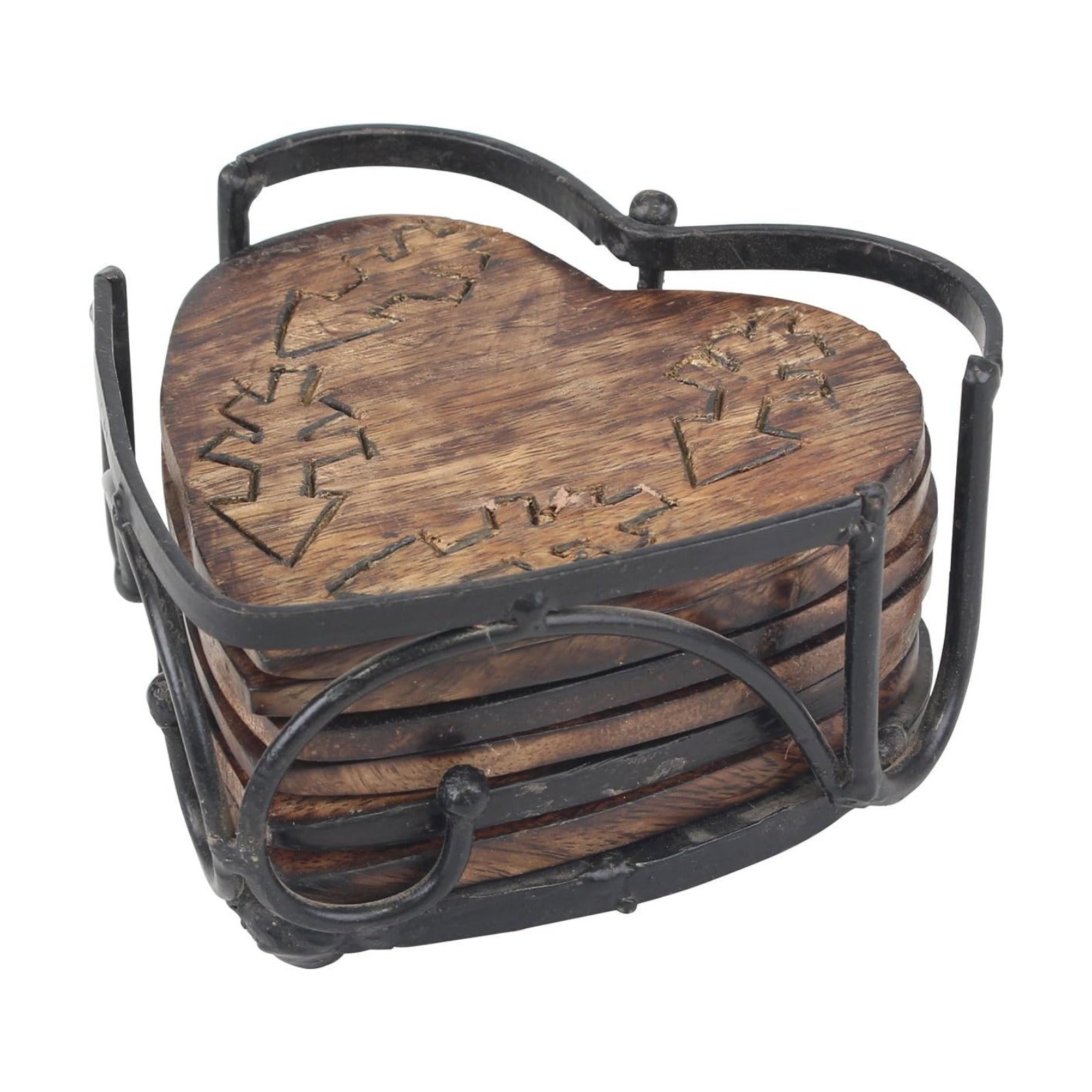 Metal Holder / Rustic Wooden Heart Shaped Coaster Set