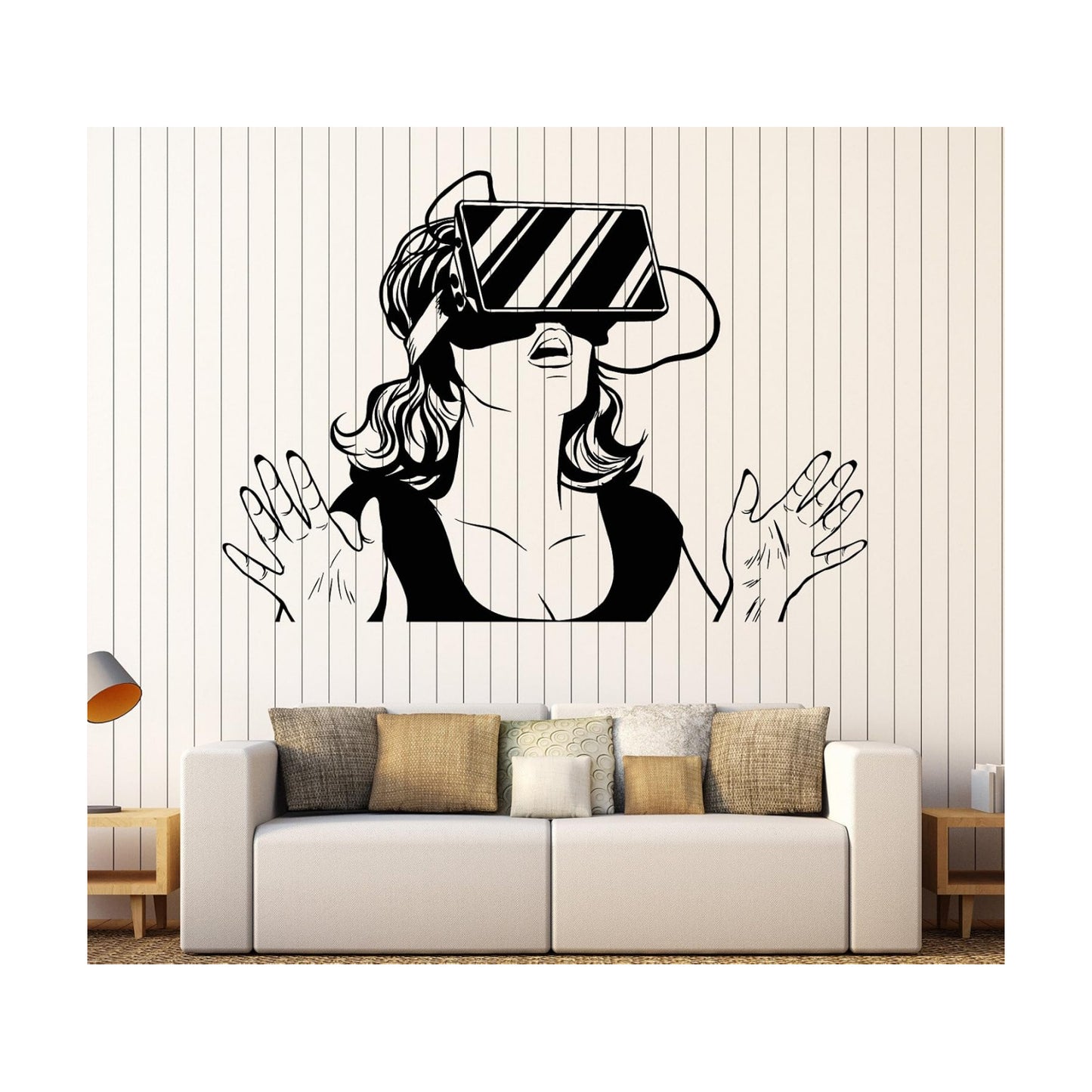 Large Vinyl Wall Decal Virtual Reality Headset VR Device Woman / 45 x 66 / XL In / Lime Green