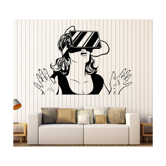 Large Vinyl Wall Decal Virtual Reality Headset VR Device Woman / 45 x 66 / XL In / Lime Green