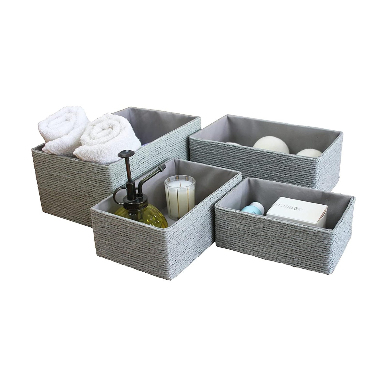 Stackable Woven Basket Paper Rope Bin / Gray