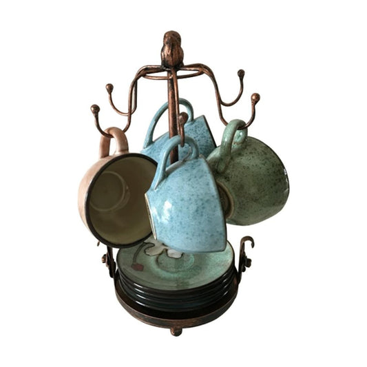 Creation Core Vintage Bronze Iron Coffee Cup Holder Storage Premium Rustic Tea Mug and Saucer Display Rack Holds 6 Cups