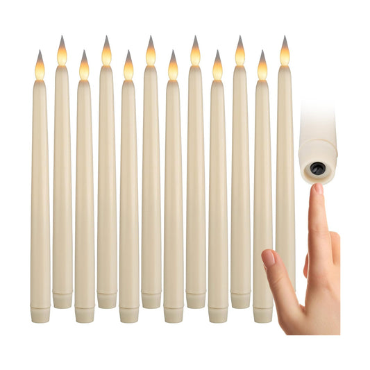 12 Pack, 11" Ivory Flameless LED Taper Flickering Candles Lights, Bottom On/Off Button (no Remote), Battery Operated