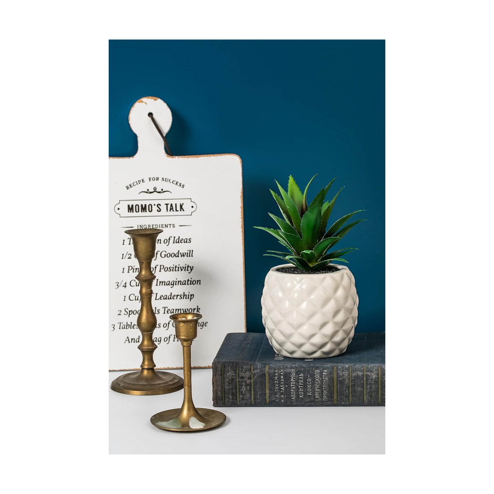 Porcelain Pineapple Ananas Faux Plant Potted Artificial Succulent 7.8" Home Office Bathroom / White