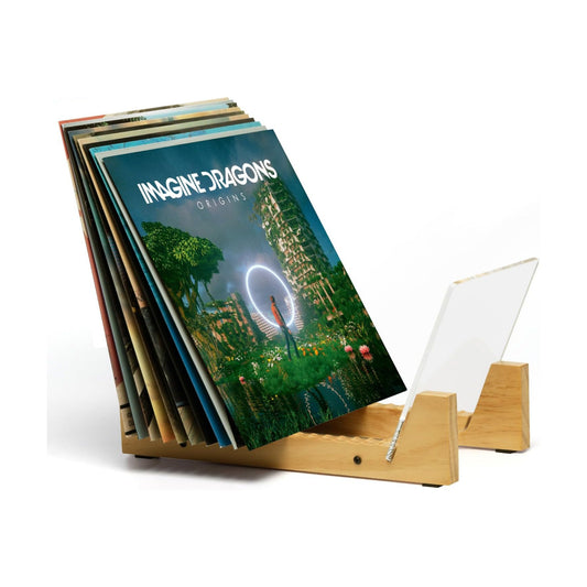 Vinyl Record Storage Holder - Solid Wood with Crystal Clear Acrylic Holder - Premium Design, Perfect 12" LPs or 7"