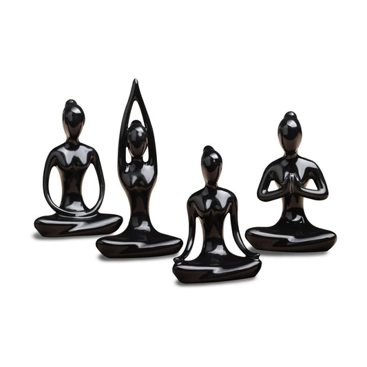 Lot of 4 Meditation Yoga Pose Statue Figurine Ceramic Yoga Figure Set Decor / Black