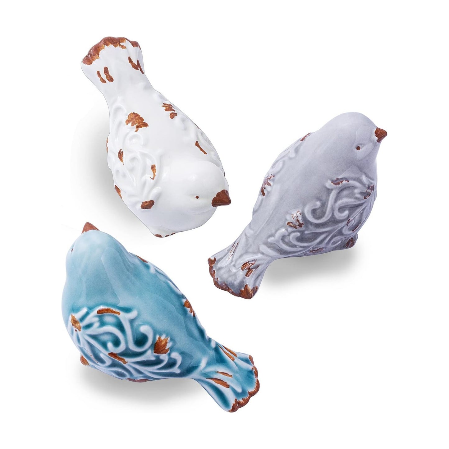 Distressed Finish Ceramic Bird Figurine Home Decor / 4.5 Inches Long x 3.5 Inches Tall / Set of 3