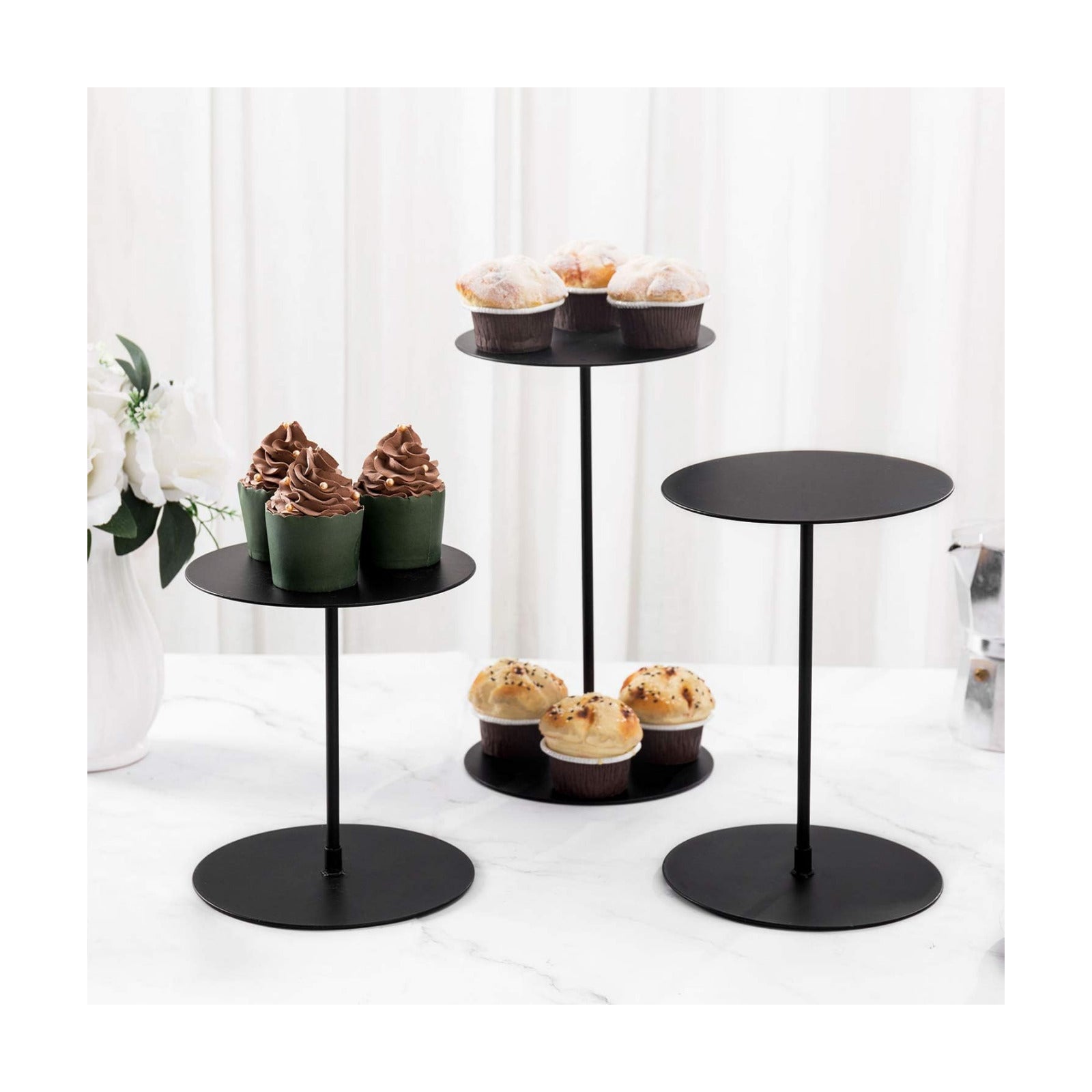 MyGift Decorative Black Metal Cupcake Stand, Tabletop Food Display Riser, Retail Showcase Pedestal Stand, Set of 3