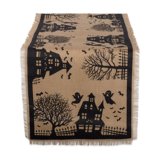 DII Halloween Primitive Style Burlap Tabletop Décor, Spooky Haunted House Jute, Table Runner, 14x74, Black & Tan