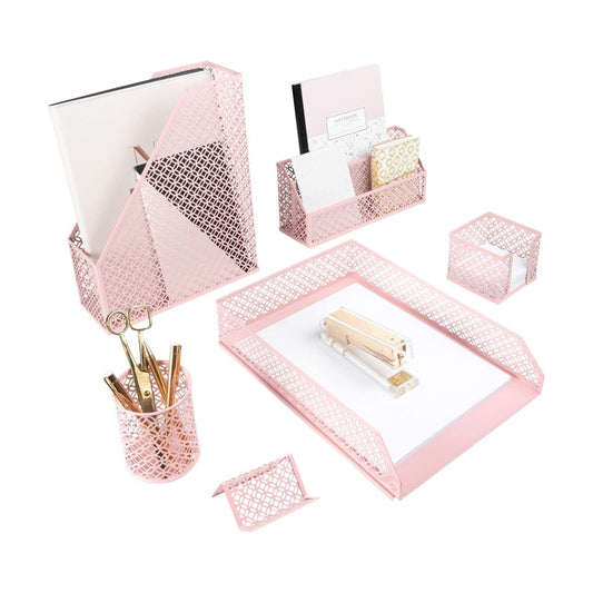 BLU MONACO Pink Desk Organizer Set | 6-Piece Metal Desktop Accessories | Mail Sorter Organizer Countertop | Letter