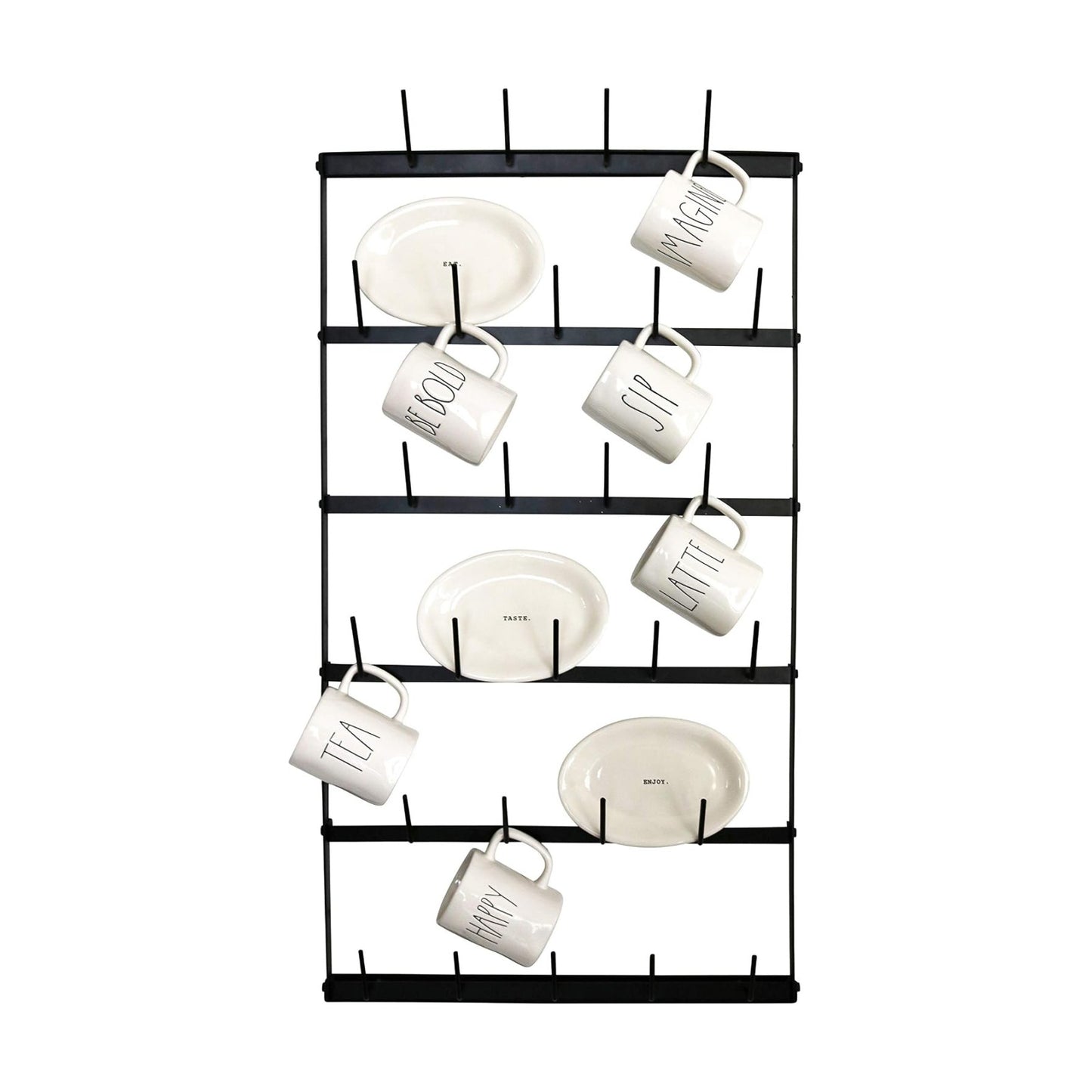 Wall Mounted Coffee Mug Rack - Large Rustic Black Iron Steel Kitchen Rack with 6 Rows - Storage for 27 Cups - Jar &