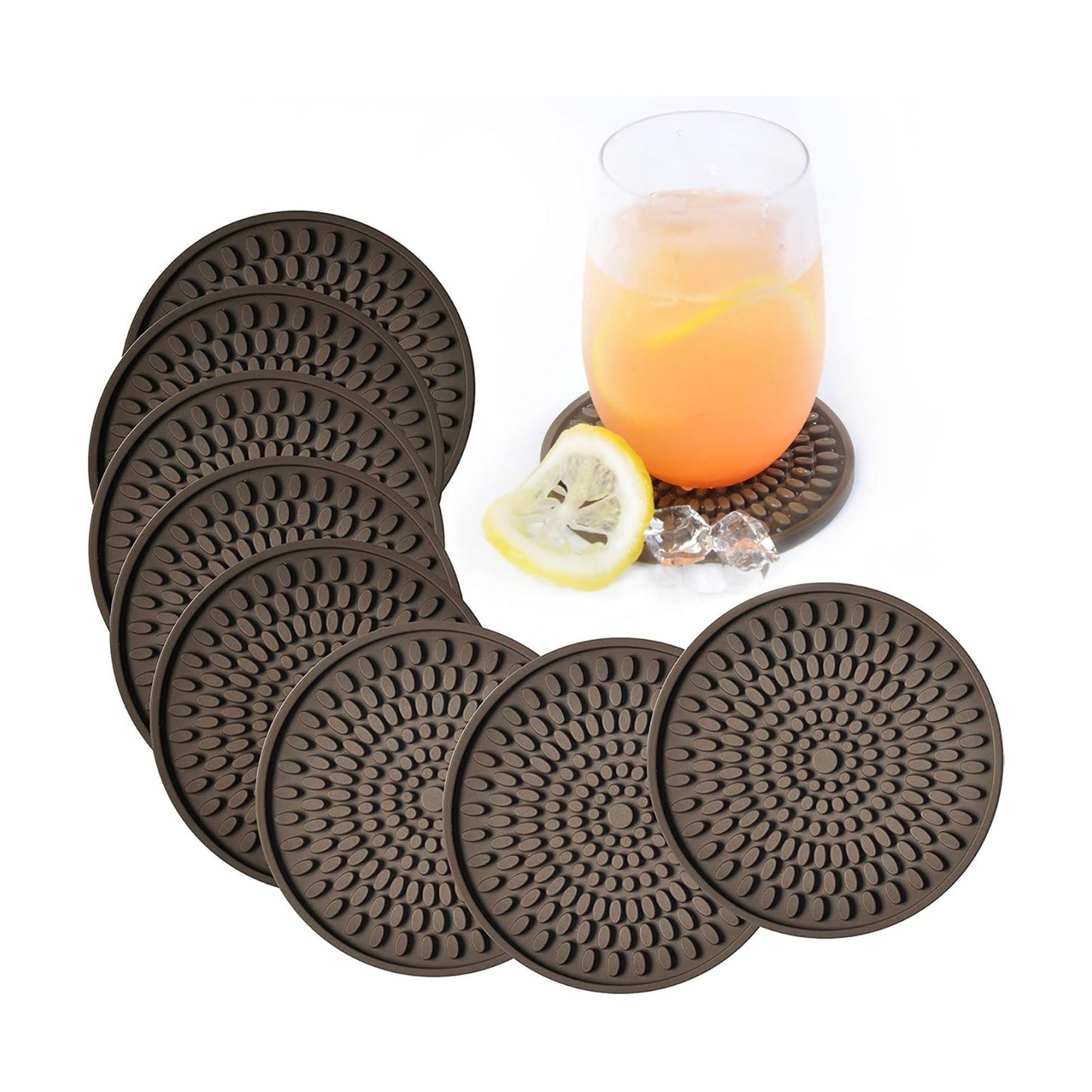 Rubber Brown Coasters / Brown-oval Buds / Set of 8