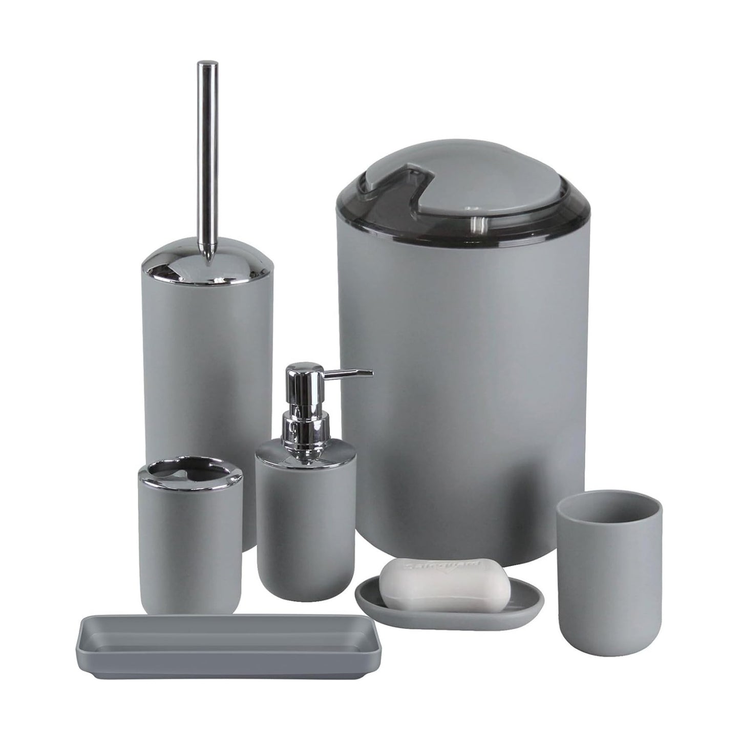 IMAVO Bathroom Accessories Set,Grey Bathroom Set,7 Pieces Bathroom Accessory Set,Tray,Toilet Brush,Trash Can for